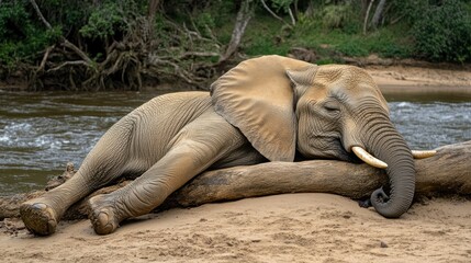 Wall Mural - A peaceful elephant resting by the river on a sandy bank, showcasing wildlife tranquility.