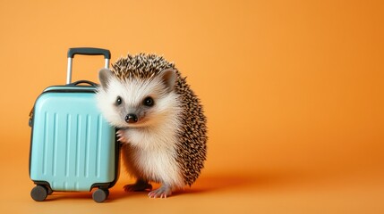 Wall Mural - A hedgehog beside a small suitcase on an orange background, suggesting travel or adventure.