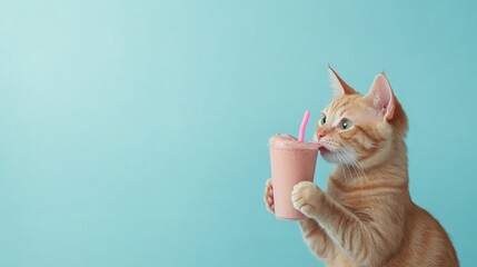 Sticker - A playful orange cat holding a pink smoothie against a light blue background.