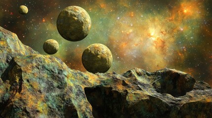 Wall Mural - 3d asteroid belt drifting through space in colorful scene