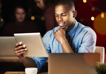 Leinwandbilder - Office, happy and businessman on tablet at night for website, research and online project. Corporate, working late and person with smile on digital tech and laptop for review, internet and proposal