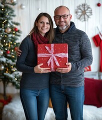 Cheerful couple celebrating the Christmas holiday season with a gift by a beautifully decorated tree