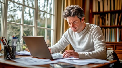 Aufkleber - Man Working at a Desk with a Laptop, Papers, and a Window View