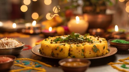 Colorful Indian Dhokla Dish Garnished with Spices and Herbs