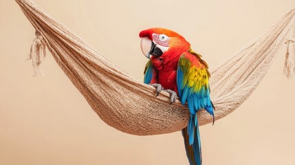 Canvas Print - A colorful parrot resting in a woven hammock against a soft background.