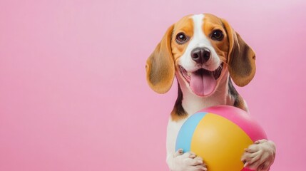 Wall Mural - A cheerful dog holding a colorful beach ball against a pink background.