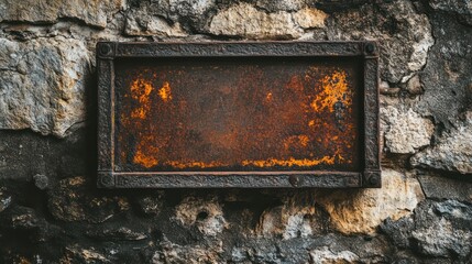 Poster - Rusty Metal Frame Mounted on a Stone Wall