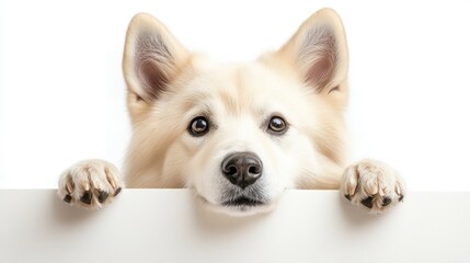 Wall Mural - A close-up of a dog peeking over a white surface, showcasing its expressive eyes.