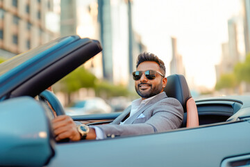 young indian businessman driving car