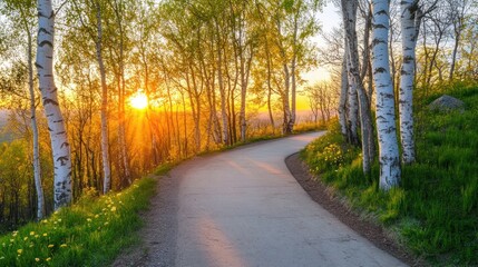 Wall Mural - A serene winding path through birch trees at sunset, inviting exploration and tranquility.