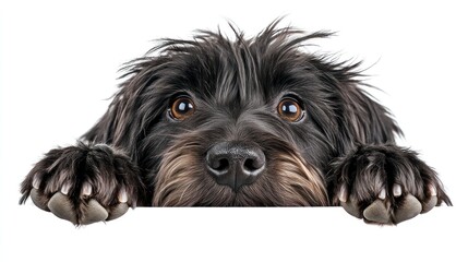 Wall Mural - A close-up of a cute black dog peeking over a surface with expressive eyes.