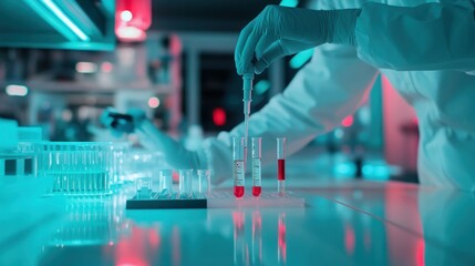 Poster - Scientist in Lab Using Pipette and Test Tubes with Red Liquid