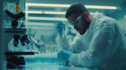 Poster - Scientist in Lab Coat Examining a Test Tube
