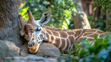 Wall Mural - A peaceful giraffe resting its head against a rock in a lush, green environment.