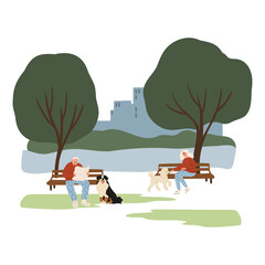 Wall Mural - Families and friends having fun with their dogs in vibrant park settings. Scenes of training, playing fetch, and relaxing on picnics, showcasing joyful canine companionship. Flat vector style.