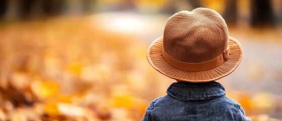  Person in hat gazes at foreground of autumn leaves Background softly blurred