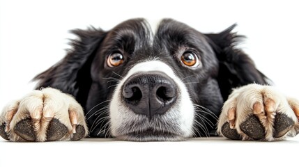 Sticker - A close-up of a black and white dog resting its head on a surface, looking curiously.