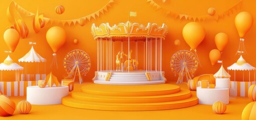 Poster - A vibrant orange carnival scene featuring a carousel, balloons, and festive decorations.