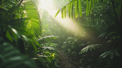 Sticker - Lush jungle scene with sunlight filtering through dense foliage, creating a serene atmosphere.