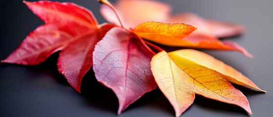  A collection of red and yellow leaves stacked on a black surface against a gray backdrop