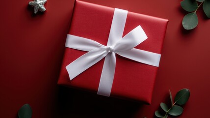 Classic red gift box with a white ribbon, perfect for holiday celebrations and customizable text space.