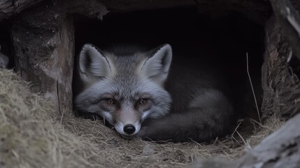 Wall Mural - A fox resting in its den, showcasing its calm demeanor in a natural habitat.