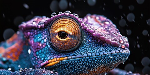Wall Mural - chameleon covered in tiny water droplets