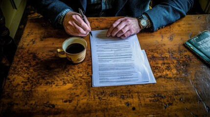 Poster - Man signing a document at a wooden table