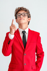 Wall Mural - young handsome businessman pointing with finger on white background