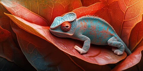 Wall Mural - striking image of a chameleon blending into a vivid background of colorful leaves
