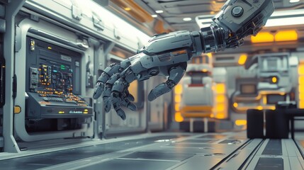 Poster - 3D Mechanical Arm Gripping Tool in Futuristic Environment