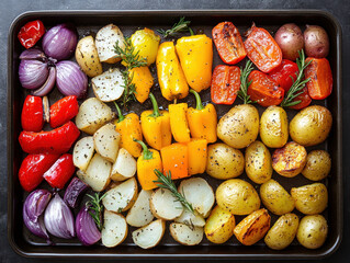 Wall Mural -  a rustic baking sheet filled with freshly roasted vegetables, including colorful peppers, onions, potatoes, zucchini and whole garlic cloves. Ai generative.