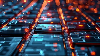 Leinwandbilder - A close-up view reveals the intricate details of a computer keyboard with keys glowing in vibrant blue and orange, showcasing modern technology in action during the night.
