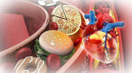 Wall Mural - junk food with heart and clogged artery. 3d illustration