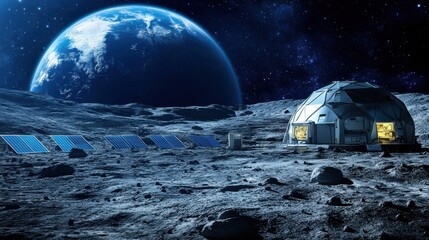 Wall Mural - glowing dome base on the moon with solar panels