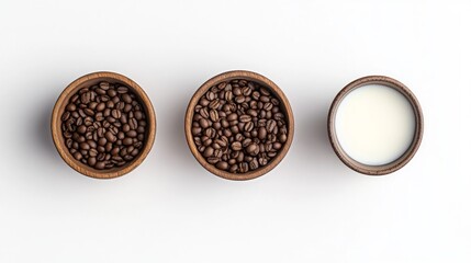 Wall Mural - Two bowls of coffee beans and a bowl of milk on a white background.