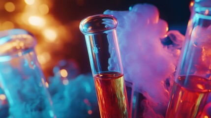Poster - Close-up of Glass Test Tubes with Colorful Liquid and Smoke