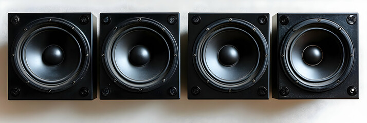 Four Black Speakers on a White Wall.