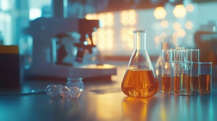 Poster - A Single Erlenmeyer Flask and Test Tubes Filled with Amber Liquid in a Lab Setting