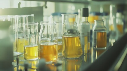 Poster - Glass Beaker Filled With Yellow Liquid On A Laboratory Table