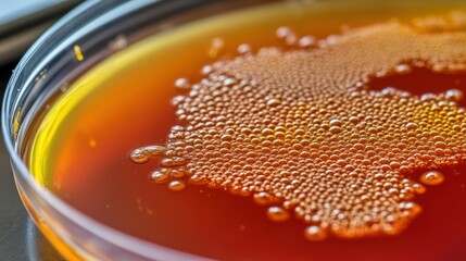 Poster - Close-up of a petri dish with a red liquid and a cluster of bubbles.