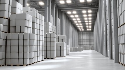 Modern Warehouse Interior with Stacked Boxes and Bright Lighting