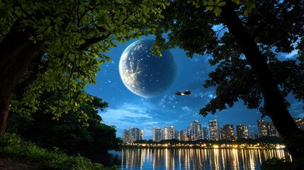 Canvas Print - Futuristic Cityscape with Moon  Spacecraft  and Trees at Night