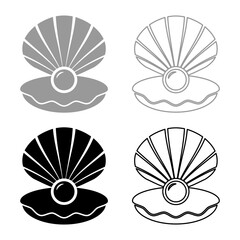 Wall Mural - Pearl in seashell shell with pearlized inside open set icon grey black color vector illustration image solid fill outline contour line thin flat style