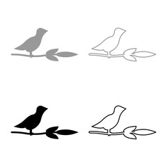 Wall Mural - Bird on branch with leaves silhouette spring concept set icon grey black color vector illustration image solid fill outline contour line thin flat style