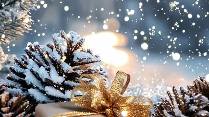 Wall Mural - christmas gift wrapped in gold ribbon is sitting on the snow surrounded by pine cones, with a snowy 