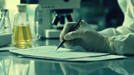 Poster - A gloved hand writing on a notepad in a laboratory setting.