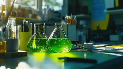 Poster - Two Glass Erlenmeyer Flasks Filled with Green Liquid on a Lab Table