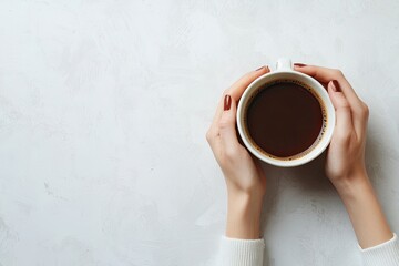 Wall Mural - Woman's hands holding a cup of coffee on a light background, top view. Flat lay with copy space for design