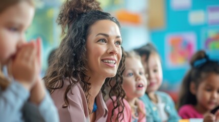 A teacher is sitting on the floor with a group of children